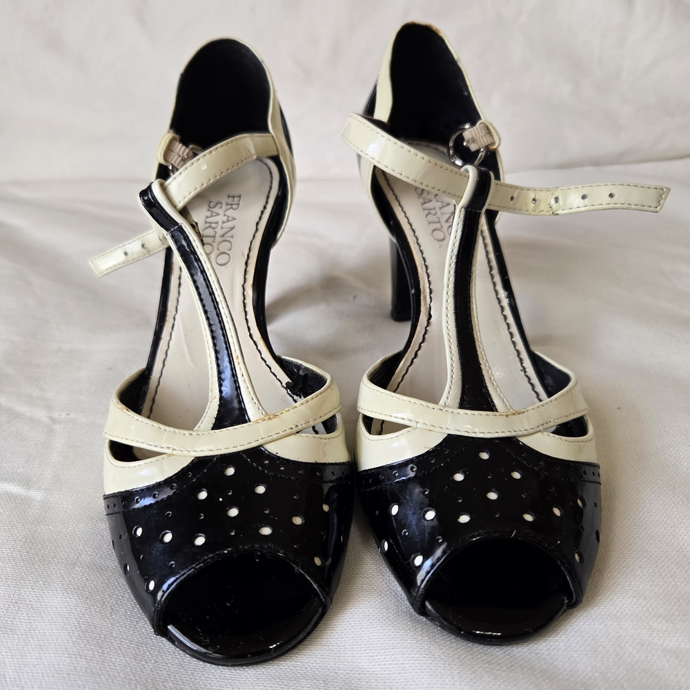 Franco Sarto Black and Cream Polka Dot Heels